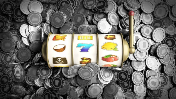 Máquina tragaperras en diferentes fichas de casino de color como fondo 3d re — Foto de Stock