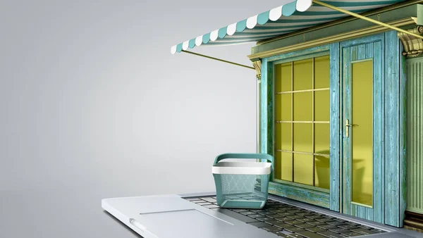 Concept moderne de boutique en ligne Vieille vitrine de style sur ordinateur portable sc — Photo