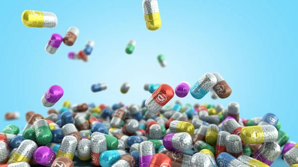vitamins and minerals in capsules 3d render on blue gradient