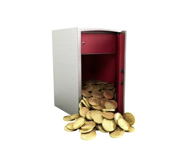 Ανοιχτό ατσαλένιο χρηματοκιβώτιο με νομίσματα χρυσού δολάρια 3D απόδοση σε λευκό όχι SHA — Φωτογραφία Αρχείου