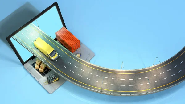 Concepto de entrega en línea rápida cargador minibús contenedor con cajas — Foto de Stock