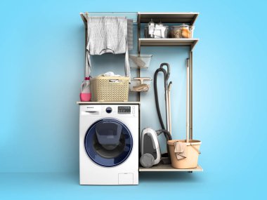 Çamaşır makinesi ve giysiler mavi gradyan arka grubunda 3D görüntüleme