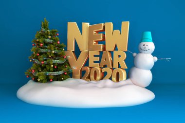 Yeni yıl 2020 Yılbaşı ağacı kar podyumunun arka planı 3D görüntüleme