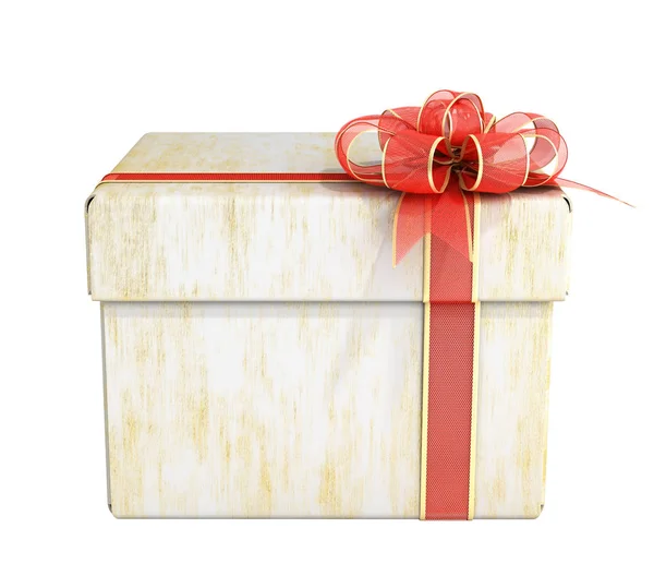 White close Square new year Gift Box with Red Ribbon and Bow 3d — ストック写真