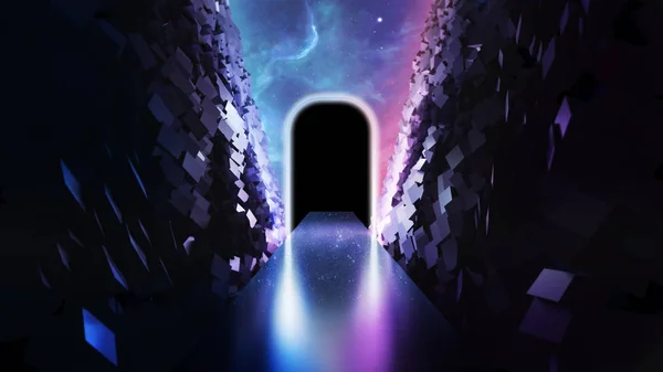 3d abstracto neón fondo brillante portal rectangular en cibernético —  Fotos de Stock