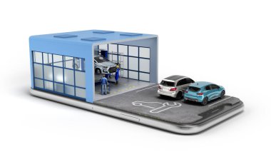 Mobil araba servis istasyonu ve cep telefonu ekranına park etme kavramı.