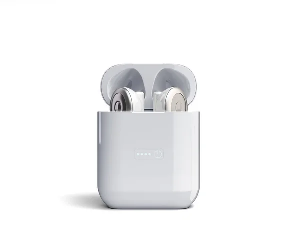 white single wireless headphones in charge box 3d render on white