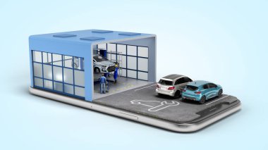 Mobil araba servis istasyonu konsepti ve cep telefonu ekranına park etme konsepti 3D gradyan mavi renkte