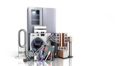 Ev aletleri E ticaret veya çevrimiçi alışveriş konsepti 3D rengini beyaza boyuyor