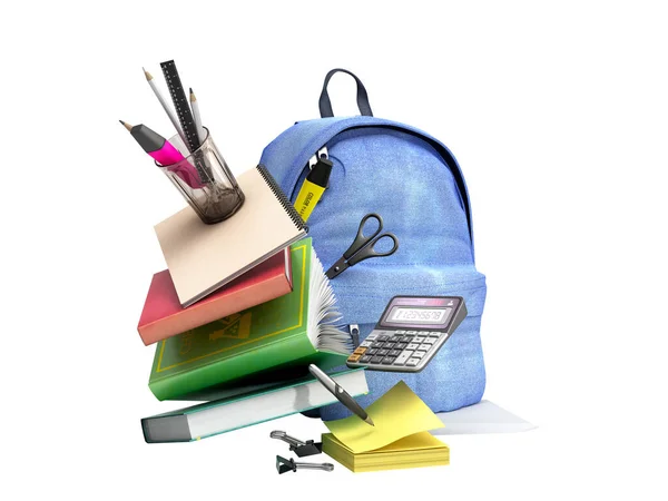 Blue Backpack School Supplies Render White Shadow — Stock Photo, Image