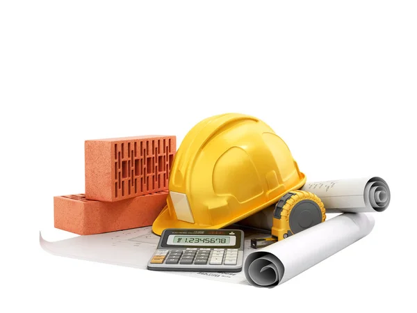 modern construction costing concept hard hat bricks and tape measure in the drawings next to the calculator 3d render on white no shadow