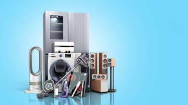 Ev aletleri E ticaret veya çevrimiçi alışveriş konsepti 3D gradyan mavi