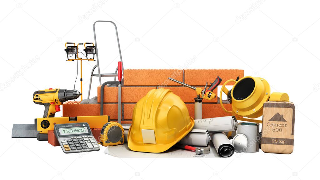 modern construction costing concept hard hat bricks wall and tape measure in the drawings next to the calculator 3d render on white no shadow