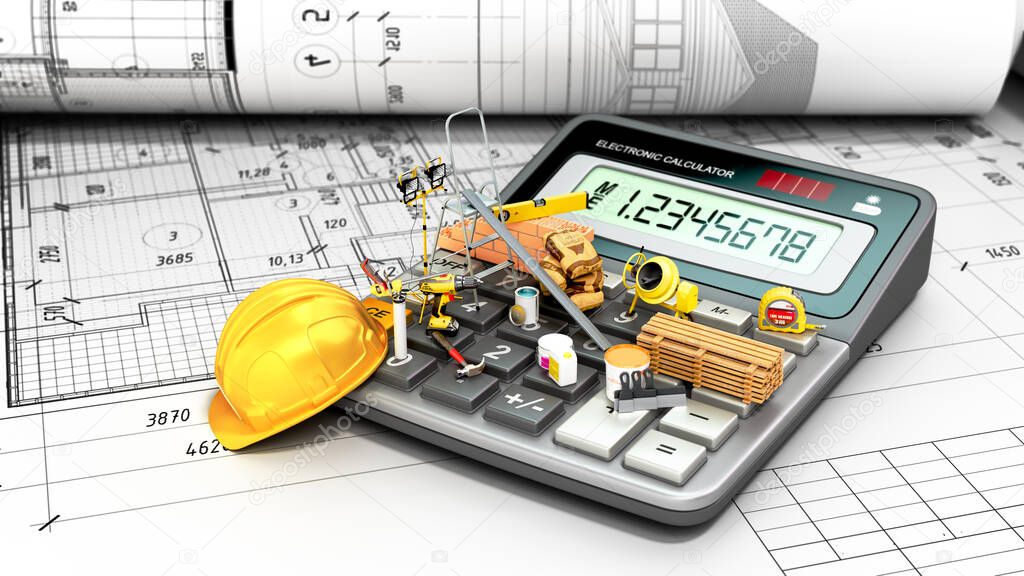 modern construction costing concept hard hat bricks and tape measure in the drawings next to the calculator 3d render on white paper drawings