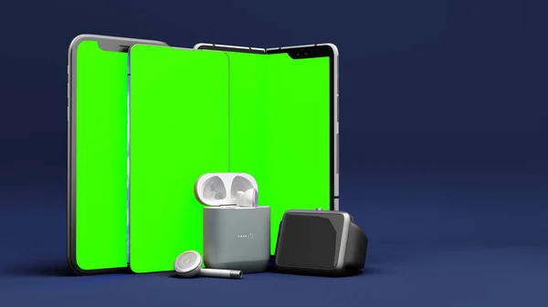 Green Screen Smartphones Und Zubehör Auf Dem Präsentationshintergrund Rendering Auf — Stockfoto