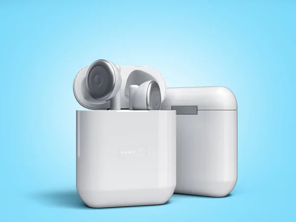 white single wireless headphones in charge box 3d render on blue gradient