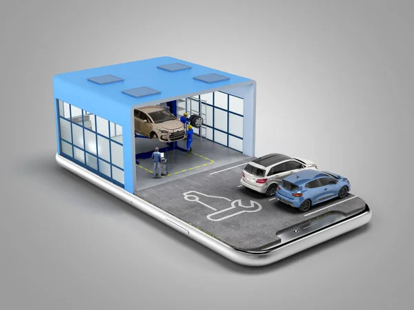concept of mobile car service service station and parking on the mobile phone screen 3d render on grey gradient