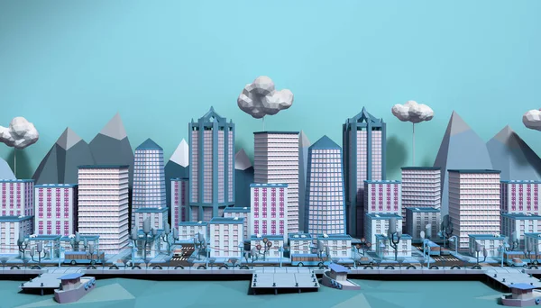 Blue Toy Low Poly City Render Image — Stock Photo, Image