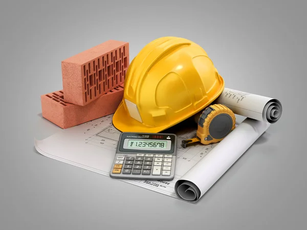 modern construction costing concept hard hat bricks and tape measure in the drawings next to the calculator 3d render on grey gradient