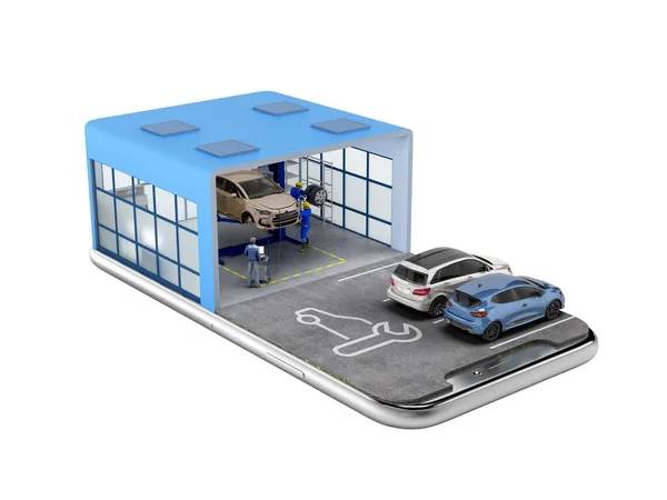 concept of mobile car service service station and parking on the mobile phone screen 3d render on white no shadow