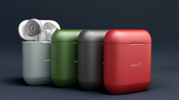 different color wireless headphones in charge box 3d render image