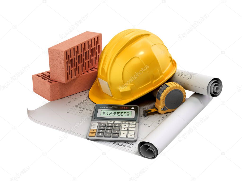 modern construction costing concept hard hat bricks and tape measure in the drawings next to the calculator 3d render on white no shadow