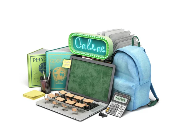 Online Bildungskonzept Blauer Rucksack Mit Schulmaterial Und Laptop Rendering Auf — Stockfoto