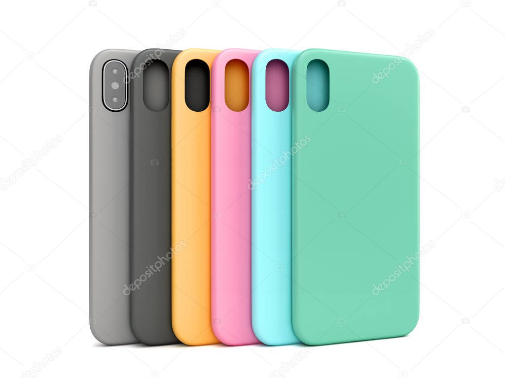 Multicolored phone cases presentation for showcase 3d render on white