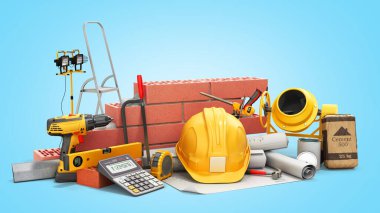 Modern inşaat maliyeti konsepti, duvara tuğla örer ve çizimlerde 3D hesap makinesinin yanındaki mezura mavi gradyanı gösterir.