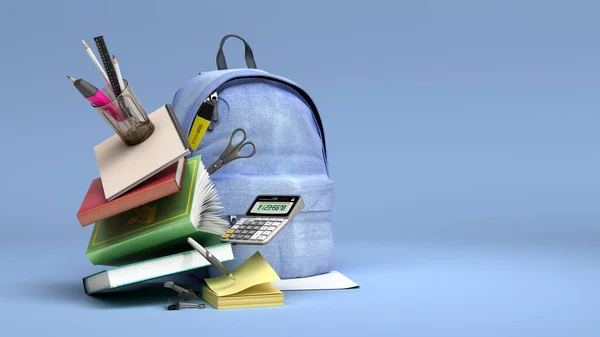 Online Learning Concept Blue Backpack School Supplies Render Blue Gradient — Stock Photo, Image