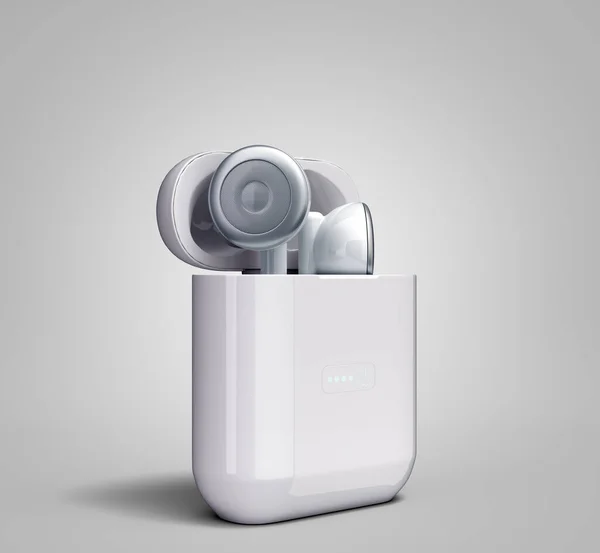 White wireless headphones in charge box 3d render image on grey gradient