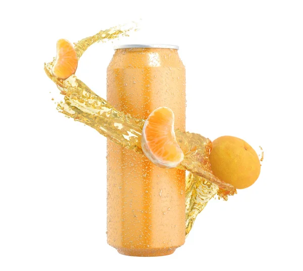 铁中的橘子苏打水可以溅出水花 瓶子周围有几片水果 30度 白色无影 — 图库照片