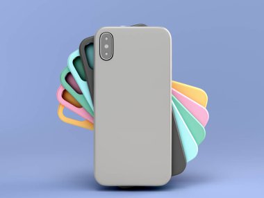 çok renkli telefon kılıfları mavi arkaplandaki 3D gösterim sunumu