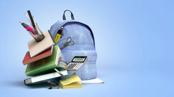 Online Learning Concept Blue Backpack School Supplies Render Blue Gradient — Stock Photo, Image