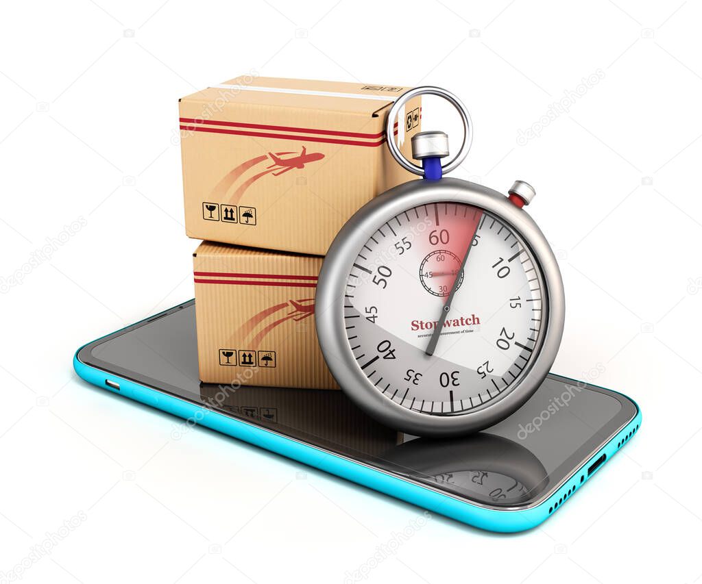 concept of fast delivery and parcel tracking boxes are on the phone screen next to them is a stopwatch 3d render onw white