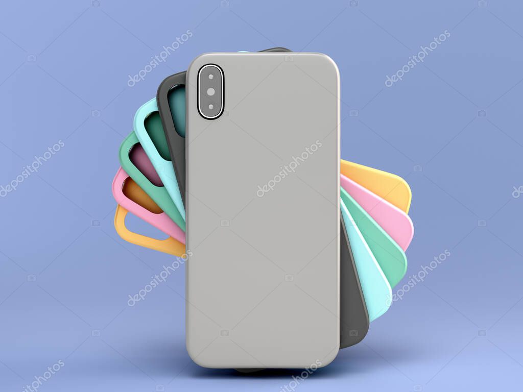 Multicolored phone cases presentation for showcase 3d render on blue background