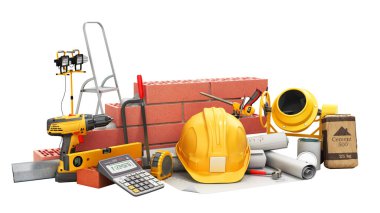 Modern inşaat maliyeti konsepti, duvara tuğla örer ve çizimlerde 3D hesap makinesinin yanındaki mezura gölgesiz beyaza dönüşür.