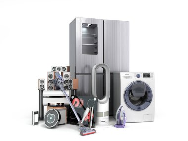 Modern ev aletleri E ticaret veya pazarlama edebiyatı için online alışveriş kavramı 3D rengini beyaza boyadı