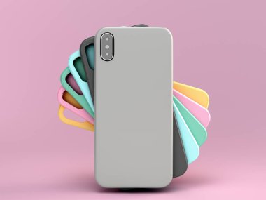 Renk arkaplanındaki 3d gösterimi için çok renkli telefon kılıfları sunumu