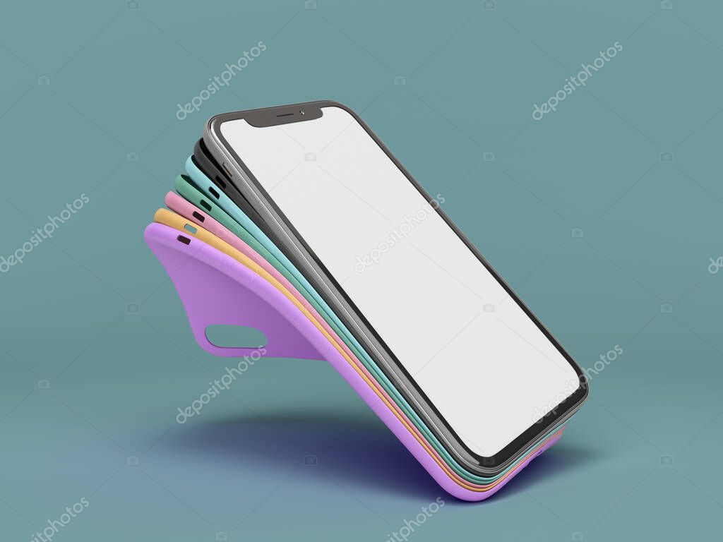 Multicolored band phone cases presentation for showcase 3d render on color background