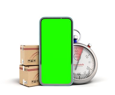 Hızlı teslimat ve paket izleme kutuları hemen yanındaki telefon ekranında beyaz üzerine 3D kronometre görüntüsü var.