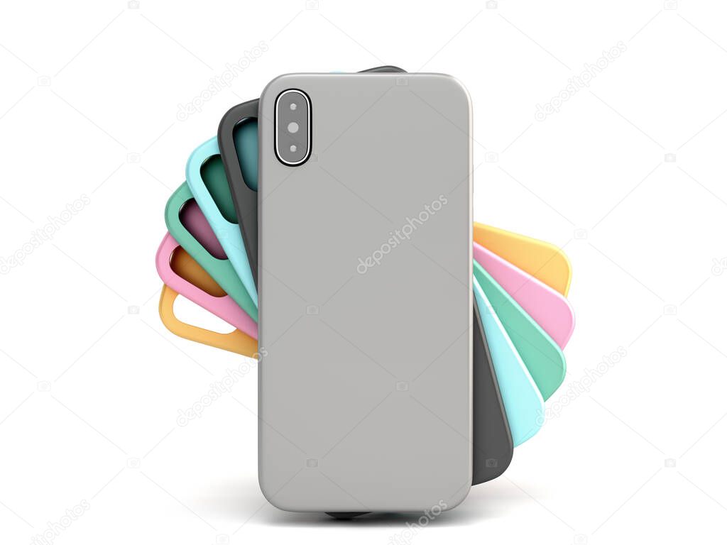 Multicolored phone cases presentation for showcase 3d render on white