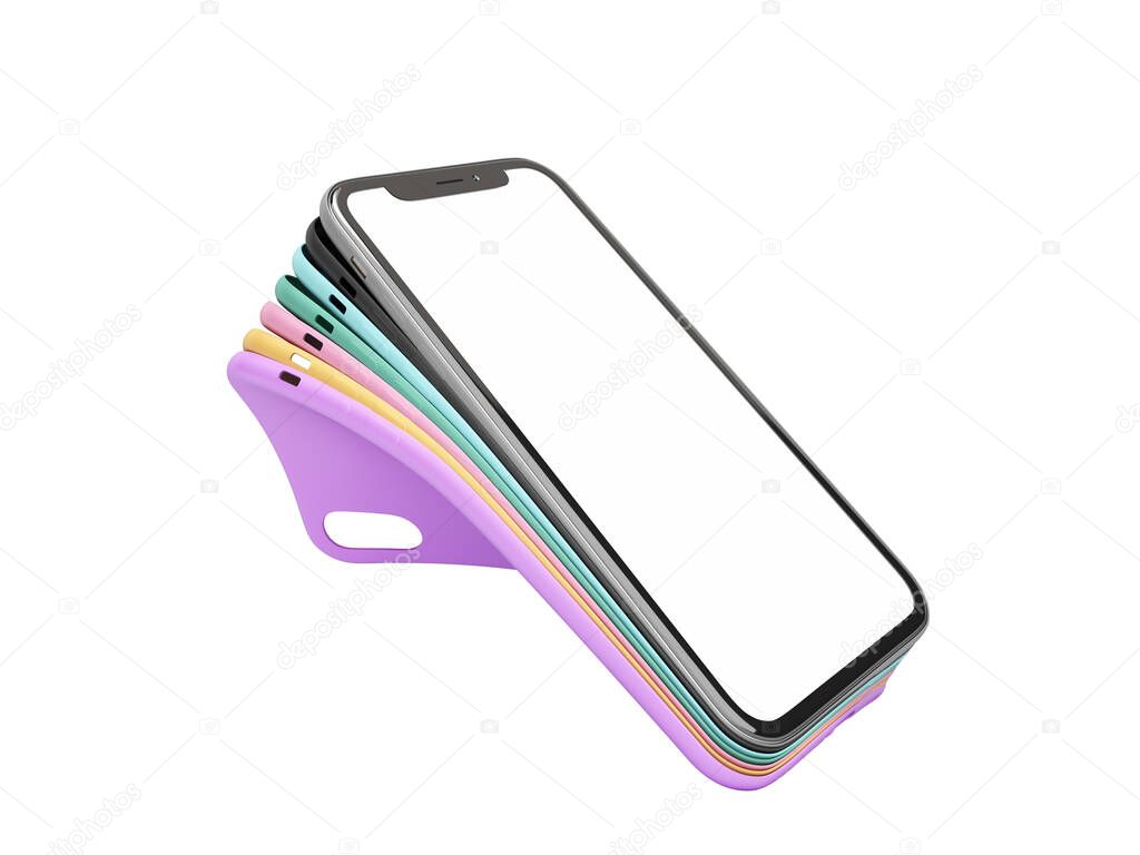Multicolored band phone cases presentation for showcase 3d render on whire no shadow