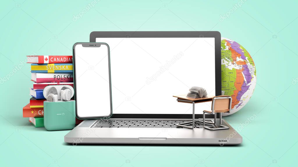 self learning concept Presentation of the application for learning foreign languages smartphone with blank screen headphones and books 3d render on color gradient