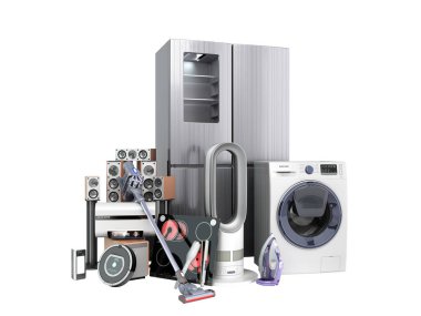 Modern ev aletleri E ticaret ya da pazarlama edebiyatı için online alışveriş konsepti 3D gölgesiz beyaza çevrildi