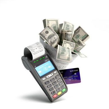 Modern konsept nakit para ve temassız ödeme kart terminalinin yanındaki çeke sarılı bir buket dolar.