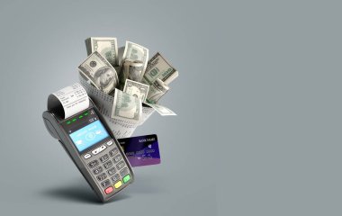 Modern konsept nakit para ve temassız ödeme bir buket dolar çek ile paketlenmiş kart terminali 3D gradyan