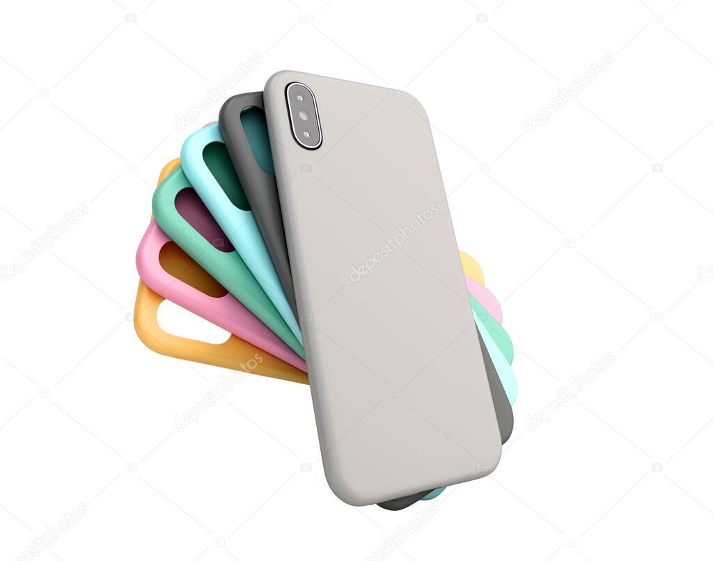 Multicolored phone cases presentation for showcase 3d render on white no shadow