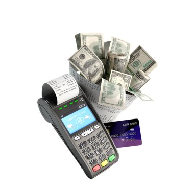 Modern konsept nakit para ve temassız ödeme kart terminalinin yanındaki çeke sarılı bir buket dolar.
