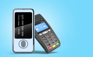 Mobil telefon bankacılığı vasıtasıyla mavi gradyan üzerinde 3D görüntüleme ile ulaşılamaz ödeme